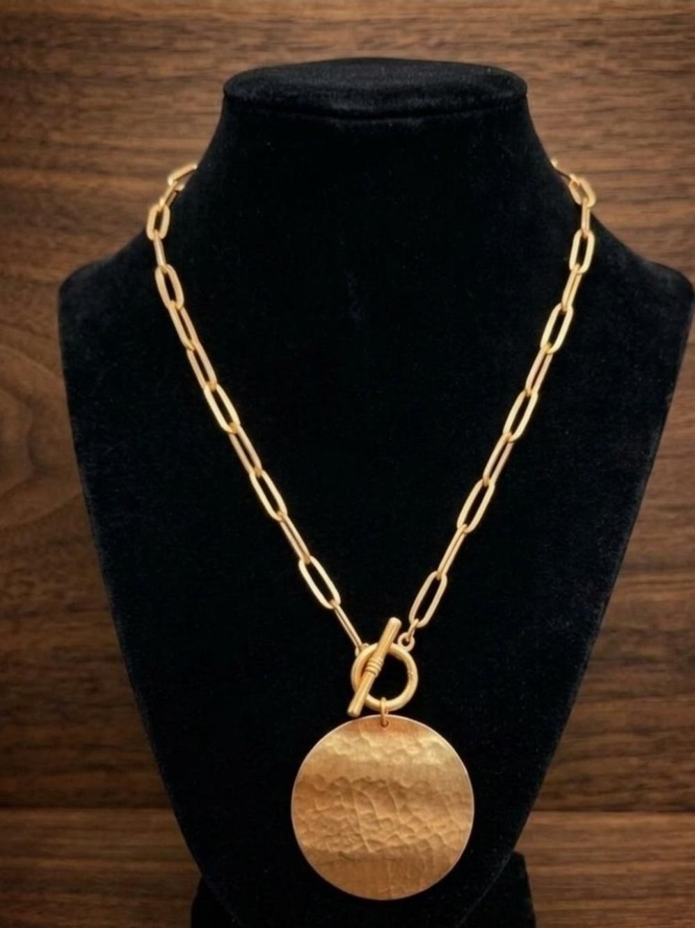 Panacea Gold Hammered Disc Paperclip Chain Toggle Necklace